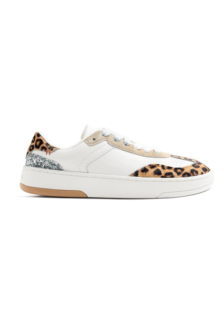 Pantofi sport din piele cu model animal print - Alb/Maro/Argintiu