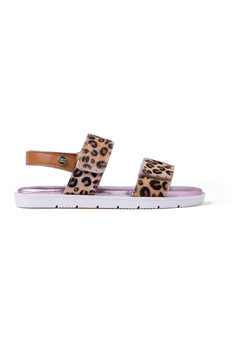 Sandale din piele cu model animal print - Maro camel/Negru
