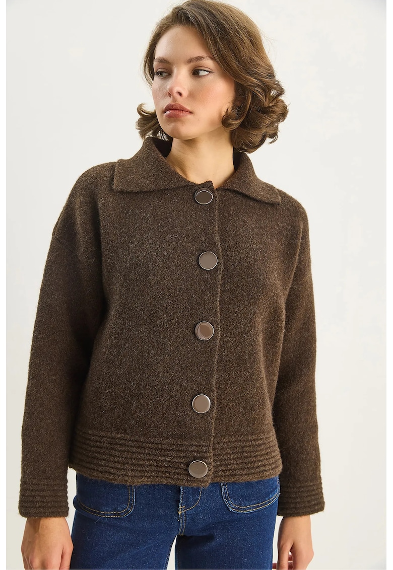 Cardigan tricotat inchidere cu nasturi - maro - tricot - One Size