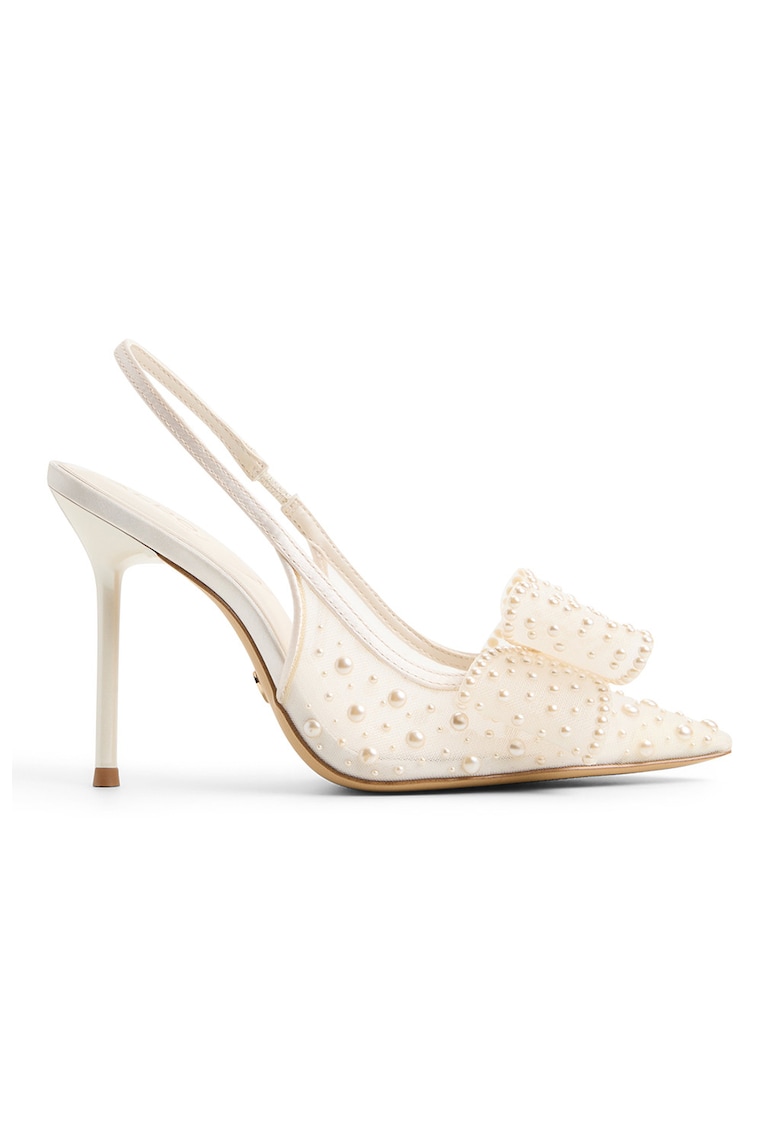 Pantofi slingback cu toc inalt si aplicatie cu margele Anastasiaa - Alb murdar