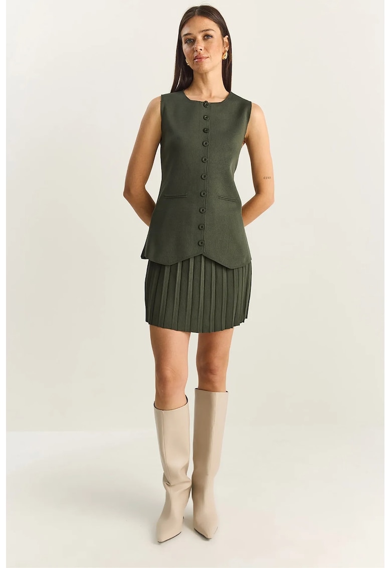 Set doua piese vesta-fusta verde kaki - tricot -