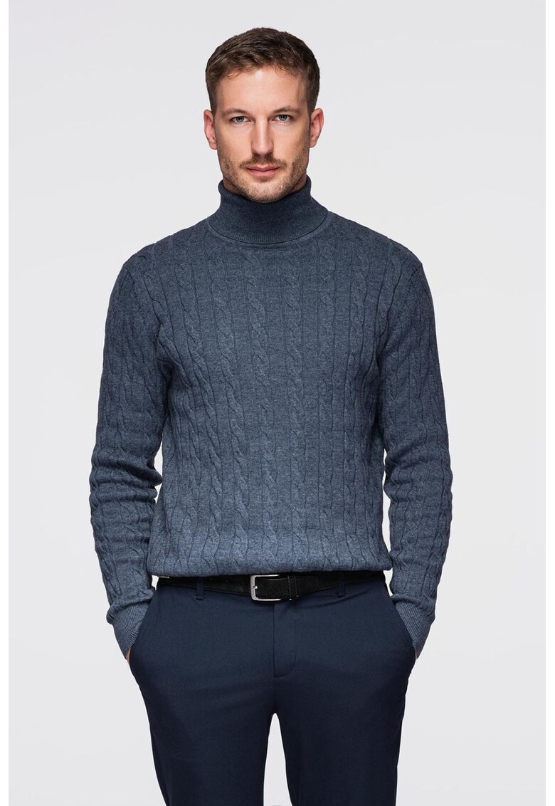 Pulover slim fit cu guler inalt si model torsade - Albastru ultramarin