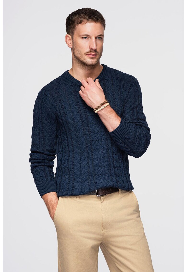 Pulover texturat cu decolteu rotund - Bleumarin