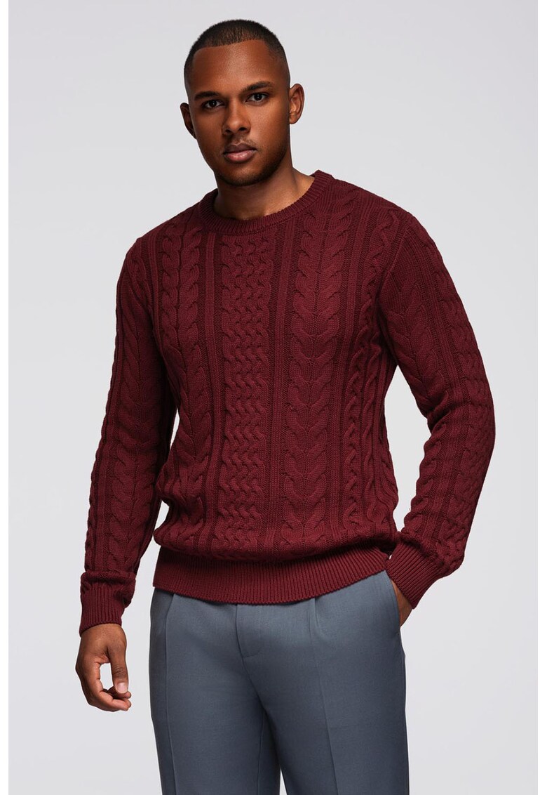 Pulover texturat cu decolteu rotund - Visiniu