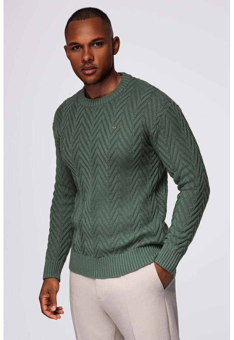 Pulover cu decolteu la baza gatului si model herringbone - Verde aquamarin