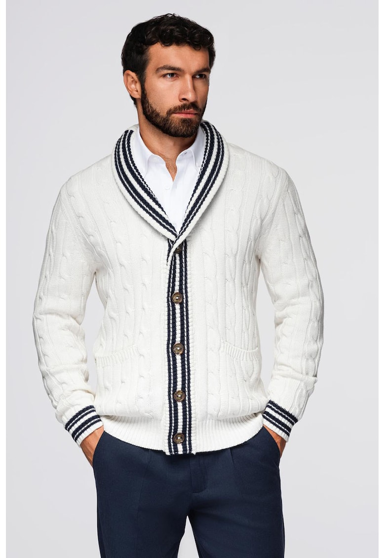 Cardigan cu nasturi si model torsade - Alb/Bleumarin