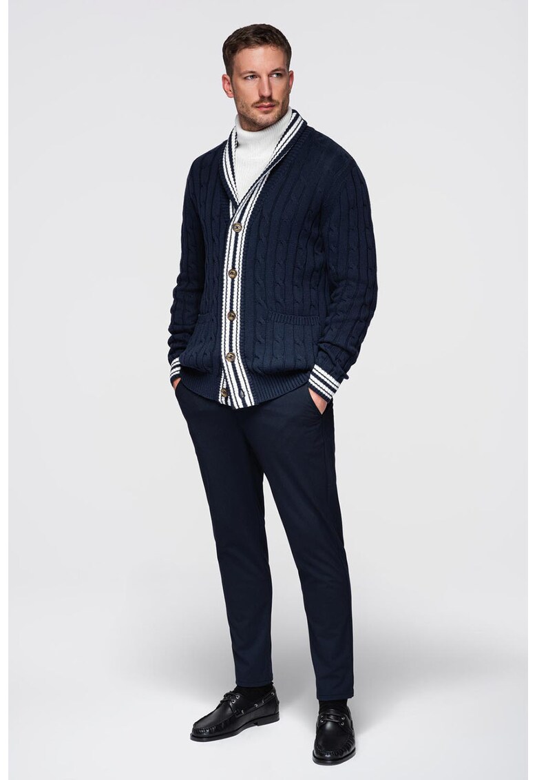 Cardigan cu nasturi si model torsade - Alb murdar/Bleumarin