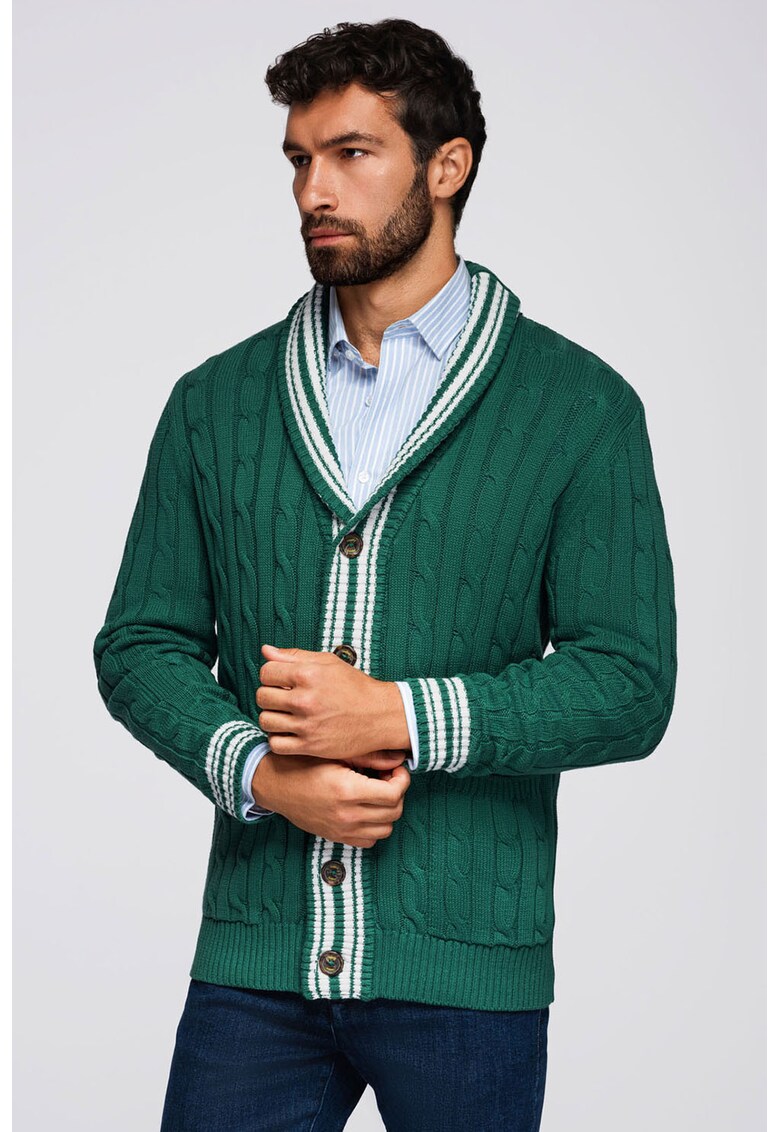 Cardigan cu nasturi si model torsade - Alb/Verde