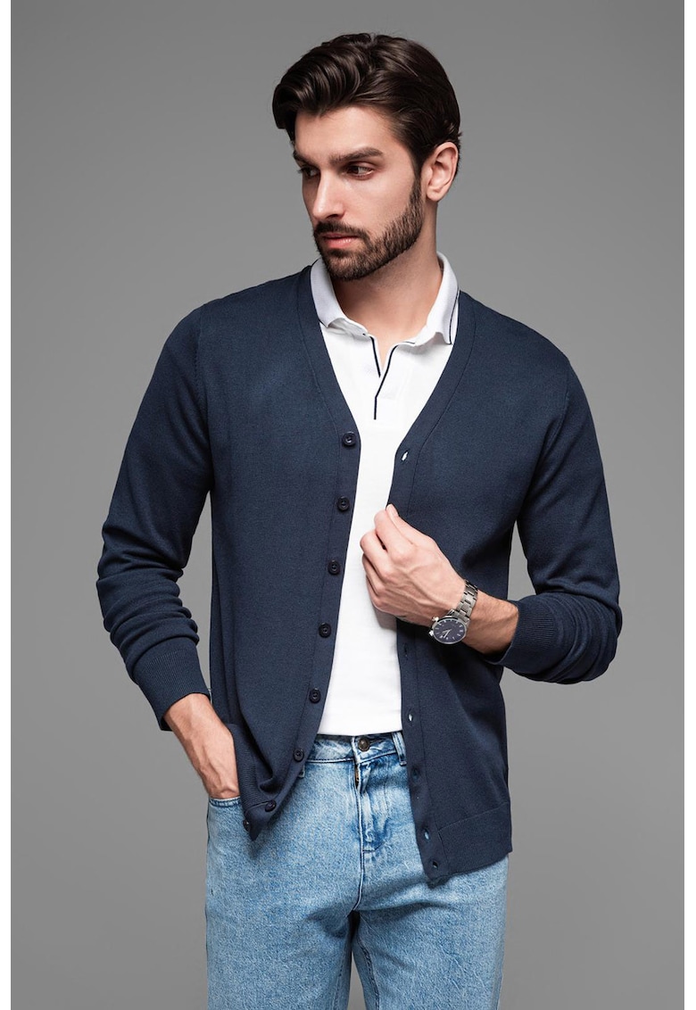 Ombre Cardigan cu nasturi si decolteu in V - Bleumarin