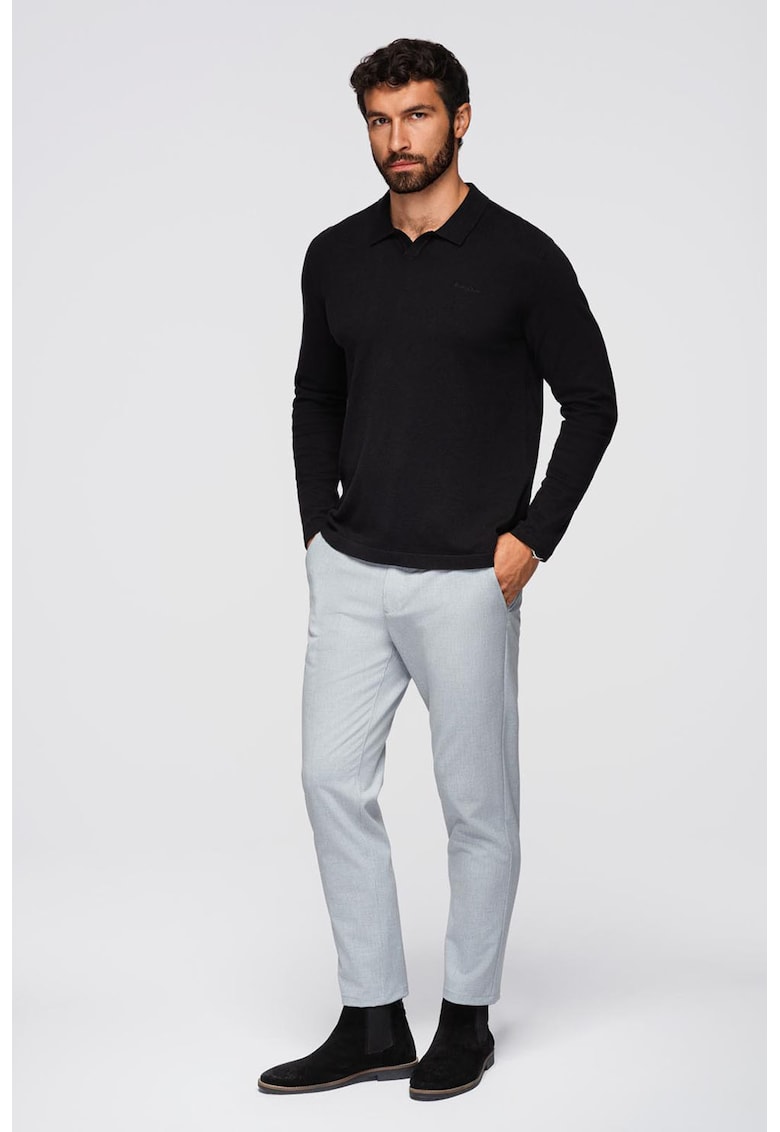 Pulover din amestec de bumbac cu guler polo - Negru