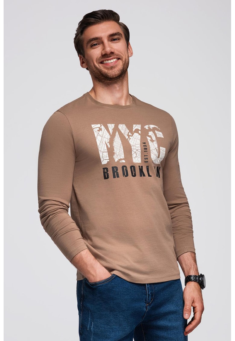 Bluza cu decolteu la baza gatului si model text - Alb/Negru/Maro taupe