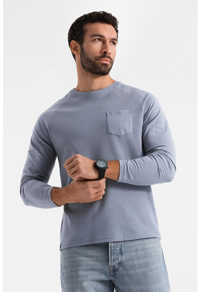 Bluza texturata cu buzunar pe piept - Albastru prafuit