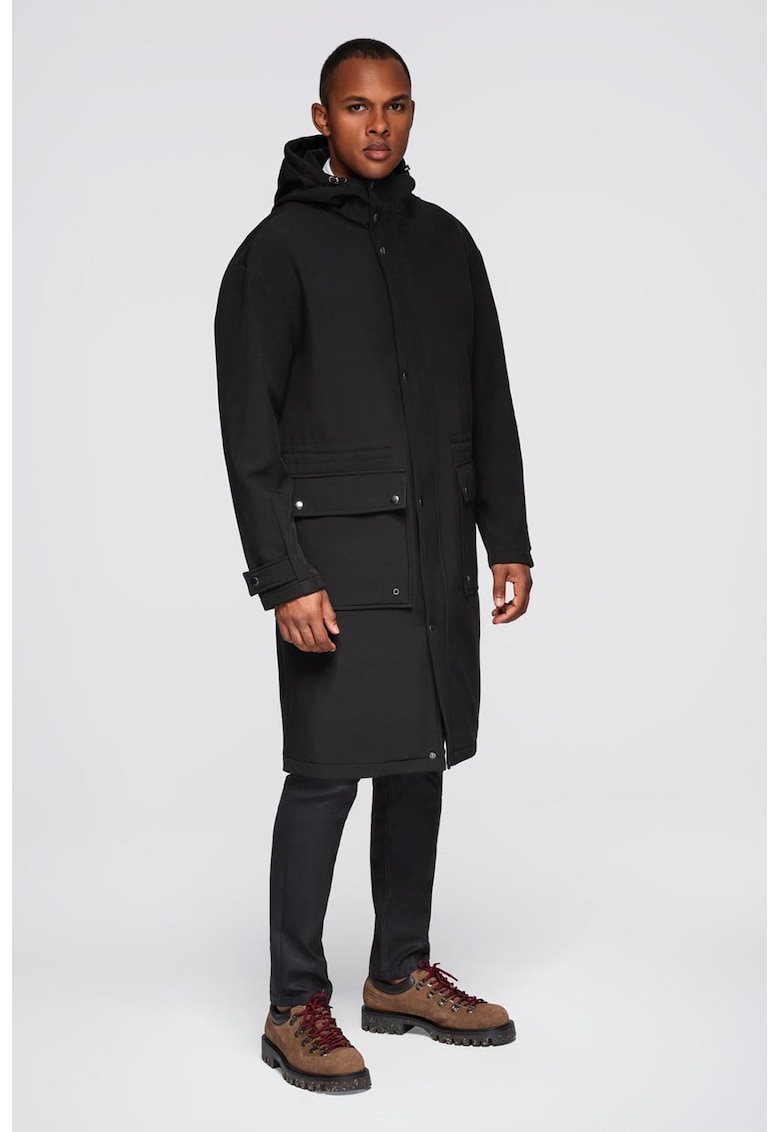 Jacheta lunga cu buzunare supradimensionate cu clapa - Negru