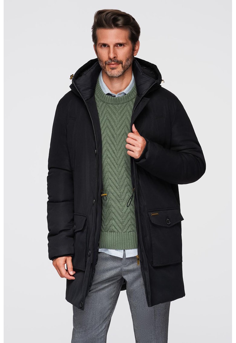 Geaca lunga cu buzunare cu clapa - Negru