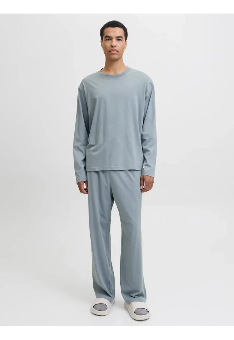 Set pijamale barbati din bumbac - format din tricou cu maneca lunga si pantaloni lungi - Gri albastrui