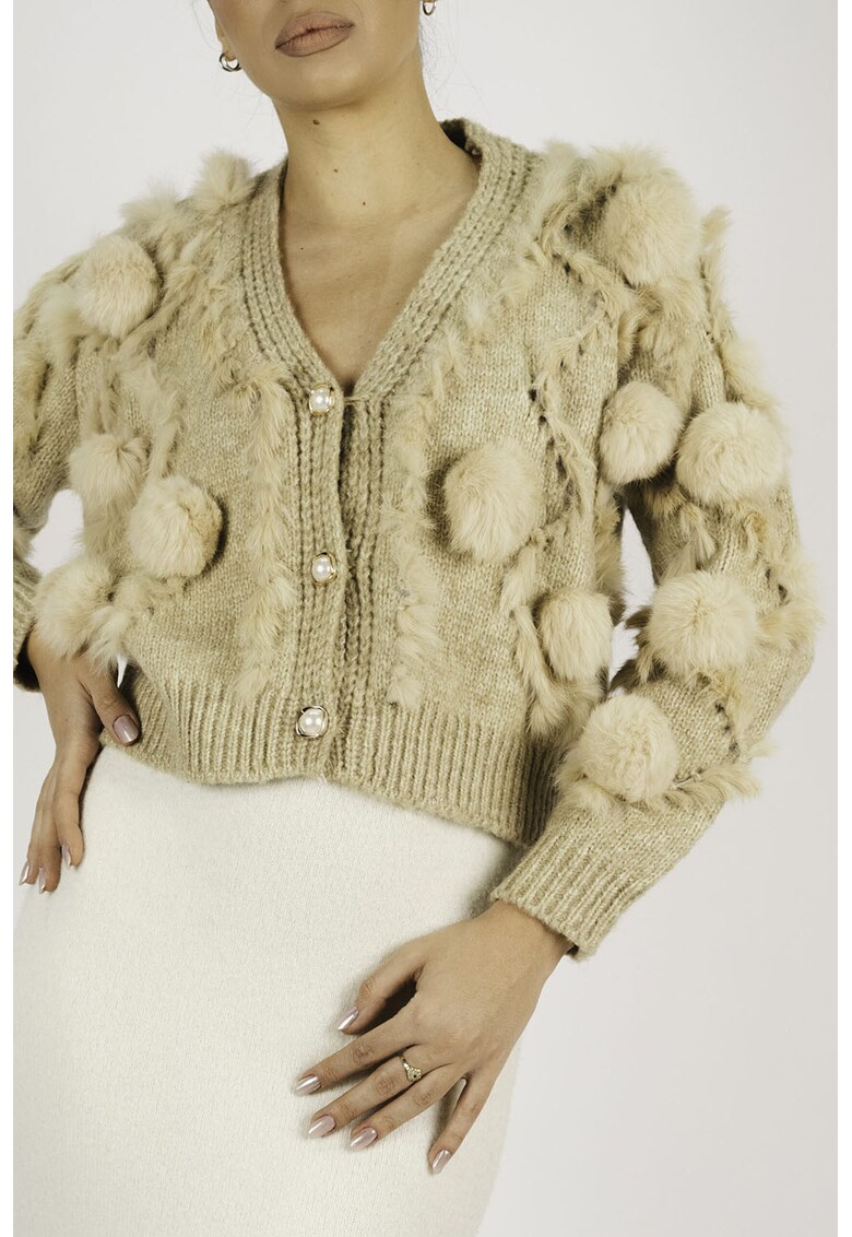 Cardigan tricotat din lana cu blana naturala si detalii perlate