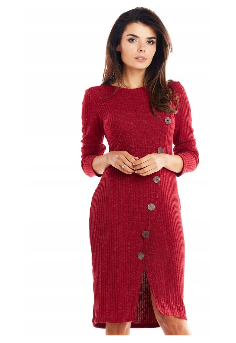 Rochie Dama - Tricotata Midi - Croiala Bodycon Cambrata - Taietura Asimetrica - Nasturi Decorativi Aplicati - Tesatura Moale - Produsa in Polonia - Eleganta - Bordeaux - Rosu