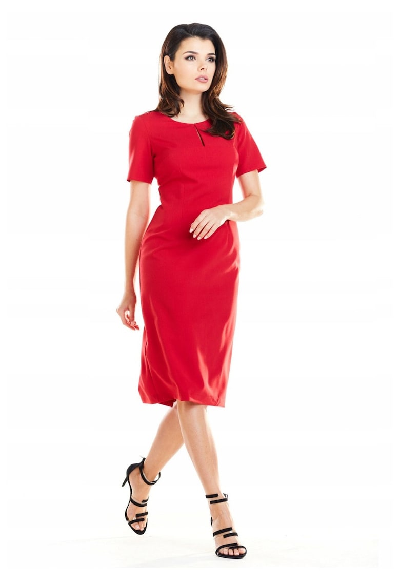 Rochie Dama - Cocteil Midi Cambrata - Croiala Simpla care Subliniaza Silueta - Maneca Scurta - Slit la Spate - Inchidere Fermoar - Ideala Birou si Evenimente - Produsa in Polonia - Rosu - Rosu