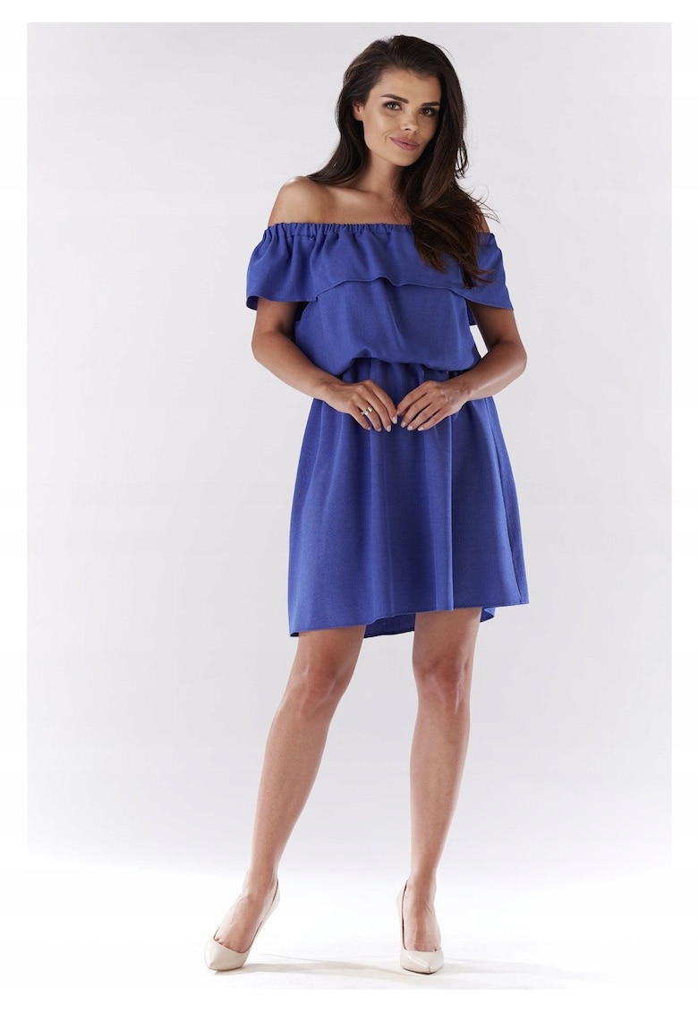 Rochie Dama - Spaniola Evazata Lejera - Decolteu Spaniol - Tesatura cu Structura de In - Elastic in Talie - Ideala Vara si Vacanta - Confort si Lejeritate - Produsa in Polonia - Albastru - Marime