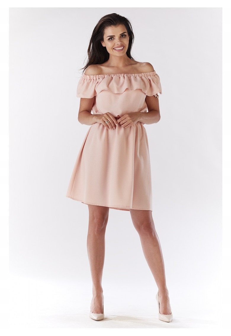 Rochie Dama - Spaniola Evazata Lejera - Decolteu Spaniol - Tesatura cu Structura de In - Elastic in Talie - Ideala Vara si Vacanta - Confort si Lejeritate - Produsa in Polonia - Roz - Roz pudrat