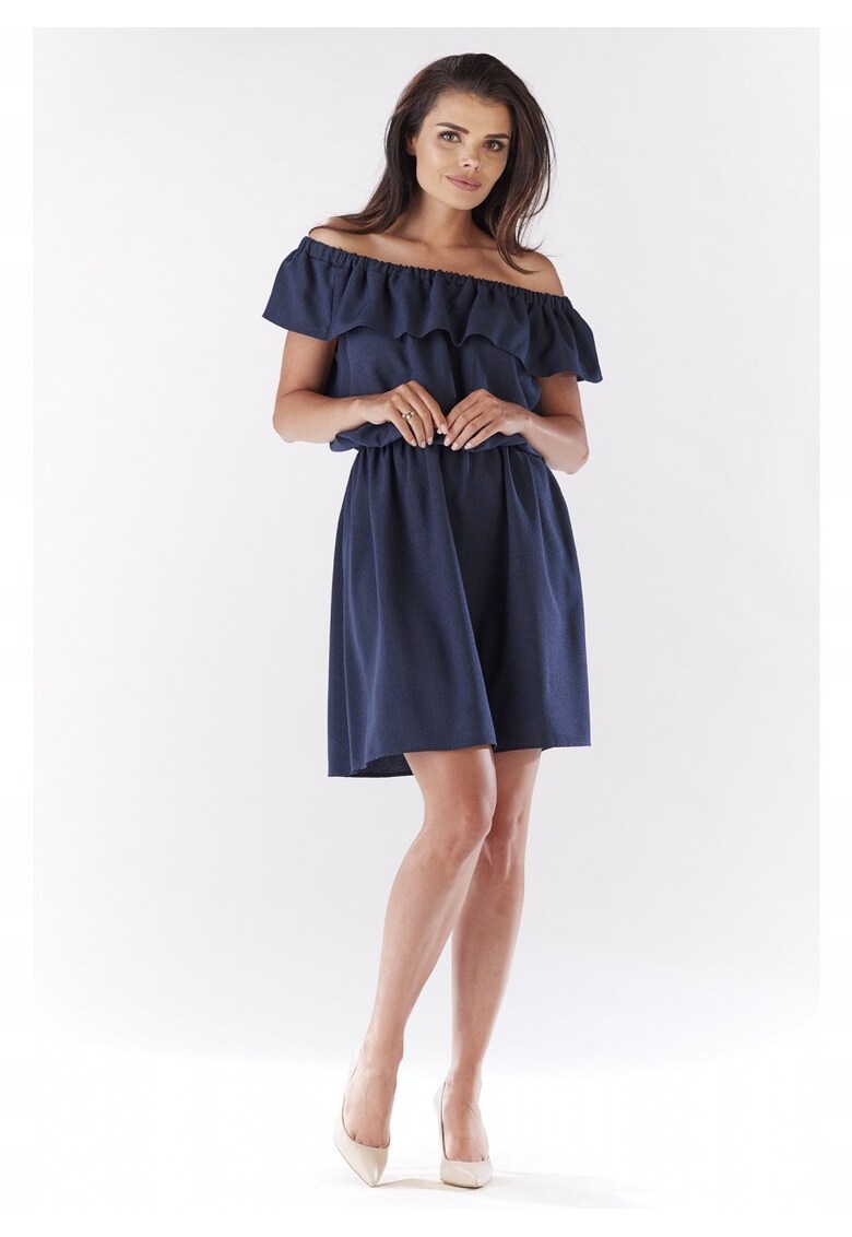 Rochie Dama - Spaniola Evazata Lejera - Decolteu Spaniol - Tesatura cu Structura de In - Elastic in Talie - Ideala Vara si Vacanta - Confort si Lejeritate - Produsa in Polonia - Bleumarin - Albastru inchis