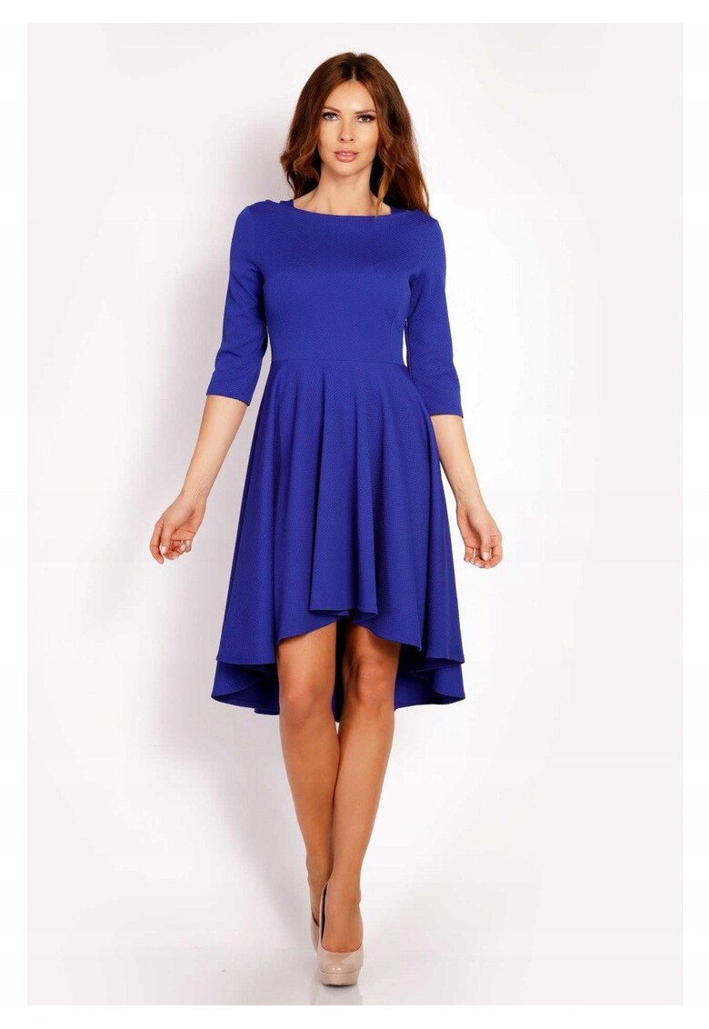 Rochie Dama - L004 - Asimetrica Evazata Midi - Maneci 3/4 - Usor Evazata la Baza - Tesatura Confortabila cu Elastan - Croiala Clasica Eleganta - Ideala la Birou - Albastru - Marime