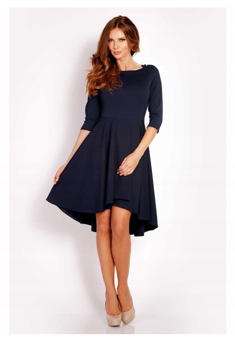 Rochie Dama - L004 - Asimetrica Evazata Midi - Maneci 3/4 - Usor Evazata la Baza - Tesatura Confortabila cu Elastan - Croiala Clasica Eleganta - Ideala la Birou - Bleumarin - Albastru inchis