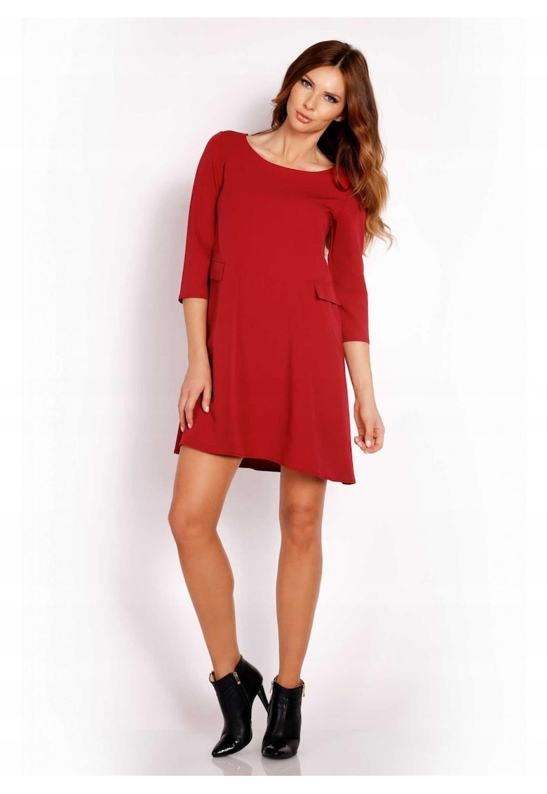 Rochie Dama - L005 - Trapez Mini - Eleganta - Maneci 3/4 - Tesatura Confortabila cu Vascoza si Elastan - Croiala Clasica - Ideala Stil Formal si Casual - Bordeaux - Rosu