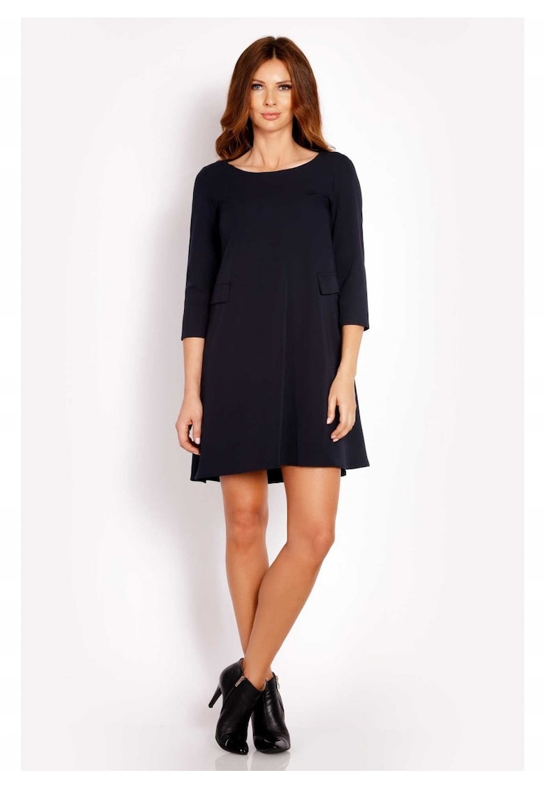 Rochie Dama - L005 - Trapez Mini - Eleganta - Maneci 3/4 - Tesatura Confortabila cu Vascoza si Elastan - Croiala Clasica - Ideala Stil Formal si Casual - Albastru Inchis - Albastru inchis