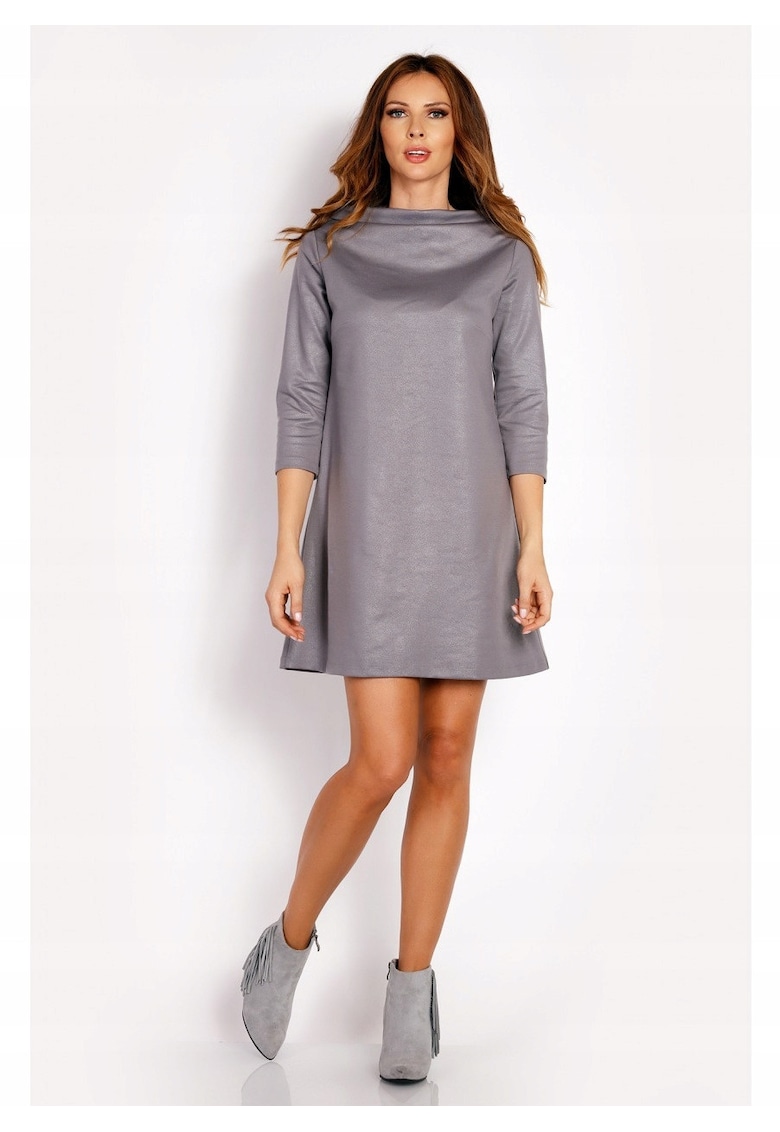 Rochie Dama - L006 - Trapez Mini - Decolteu Tip Cascada - Maneci 3/4 - Usor Evazata - Tesatura Confortabila cu Vascoza si Elastan - Eleganta - Ideala Intalniri - Gri - Gri