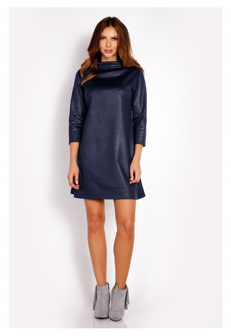 Rochie Dama - L006 - Trapez Mini - Decolteu Tip Cascada - Maneci 3/4 - Usor Evazata - Tesatura Confortabila cu Vascoza si Elastan - Eleganta - Ideala Intalniri - Bleumarin - Albastru inchis