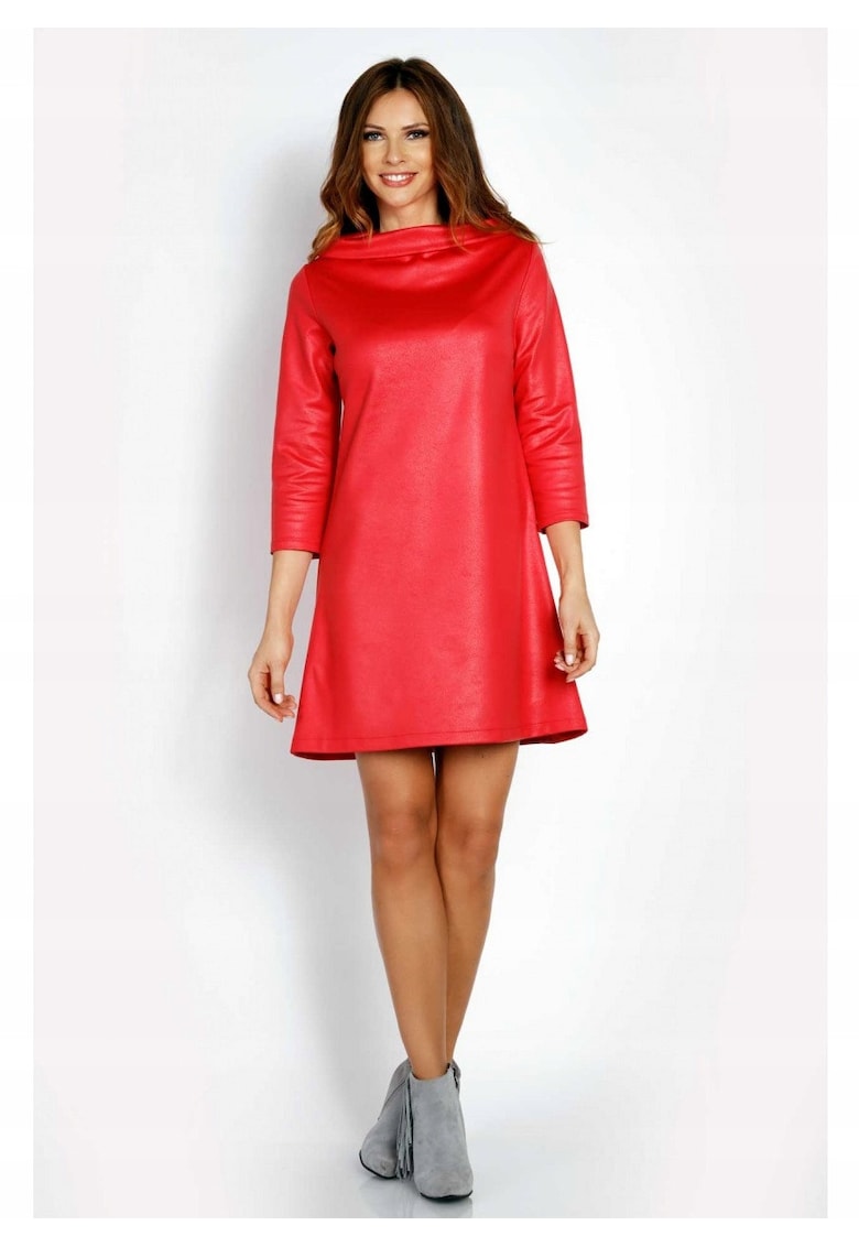 Rochie Dama - L006 - Trapez Mini - Decolteu Tip Cascada - Maneci 3/4 - Usor Evazata - Tesatura Confortabila cu Vascoza si Elastan - Eleganta - Ideala Intalniri - Roz - Rosu