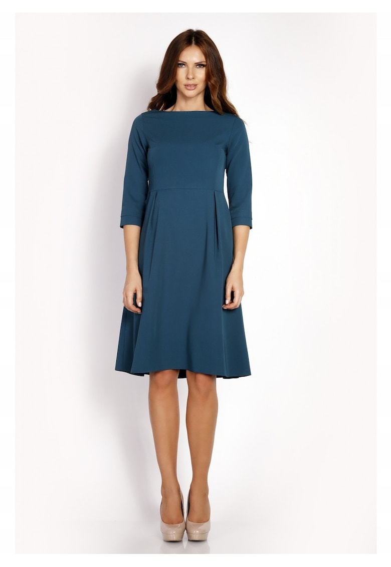 Rochie Dama - L014 - Trapez - Eleganta - Maneci 3/4 - Croiala Evazata - Lungime Mini - Tesatura Confortabila cu Vascoza si Elastan - Fason Clasic - Ideala Iesiri - Turcoaz - Marime