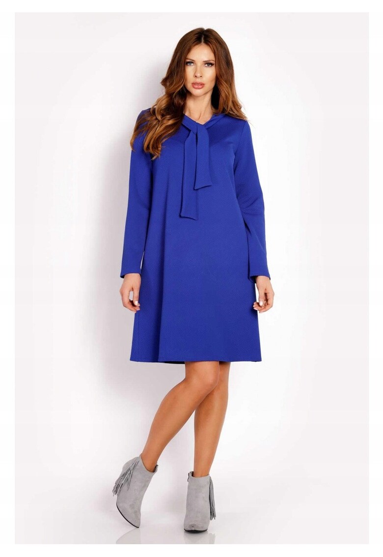 Rochie Dama - L010 - Trapez Midi - Evazata - Tesatura Confortabila cu Elastan - Lungime Midi - Usor Evazata la Baza - Croiala Clasica Eleganta - Albastru - Albastru