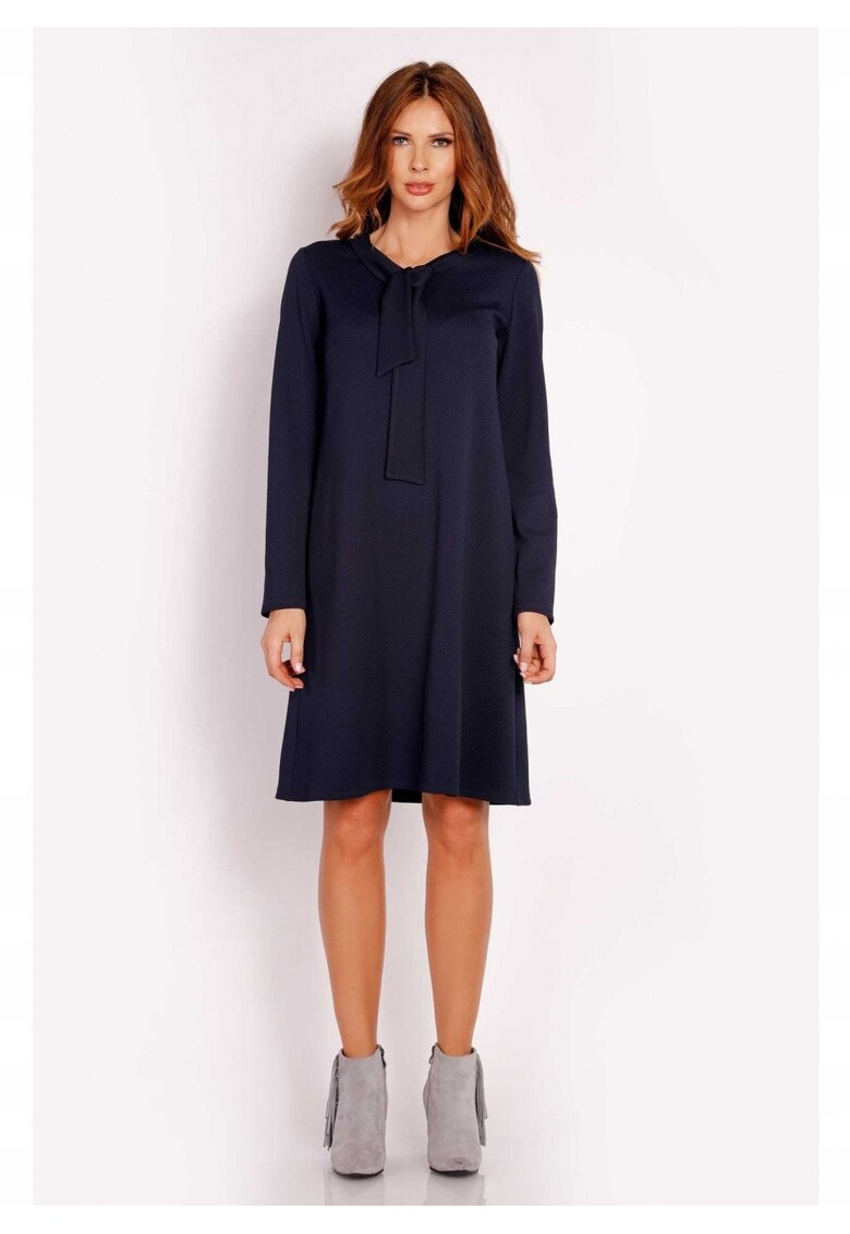 Rochie Dama - L010 - Trapez Midi - Evazata - Tesatura Confortabila cu Elastan - Lungime Midi - Usor Evazata la Baza - Croiala Clasica Eleganta - Bleumarin - Albastru inchis