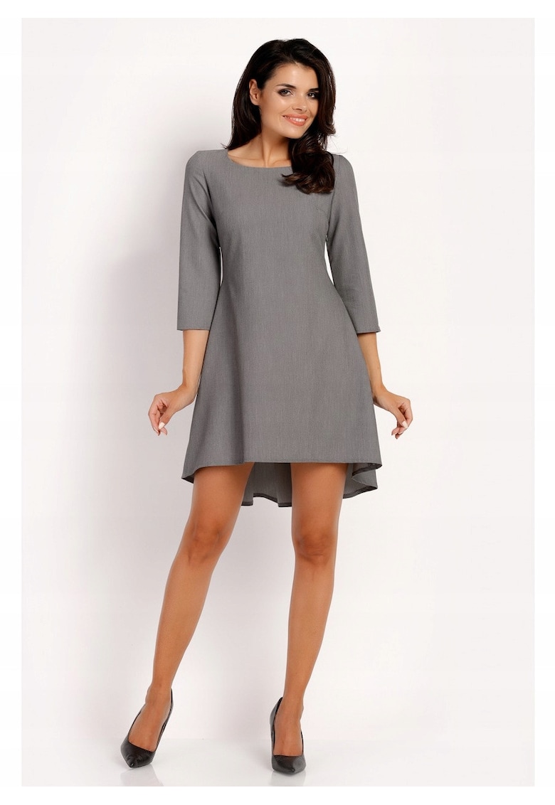 Rochie Dama - L013 - Asimetrica Evazata Mini - Eleganta - Maneci 3/4 - Tesatura Confortabila cu Vascoza si Elastan - Fason Clasic - Ideala Intalnire si Iesire - Gri - Marime