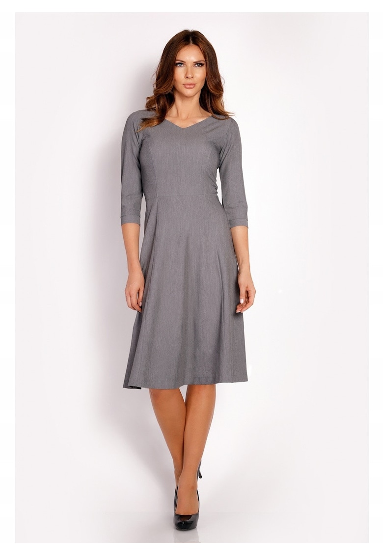 Rochie Dama - L014 - Trapez - Eleganta - Maneci 3/4 - Croiala Evazata - Lungime Mini - Tesatura Confortabila cu Vascoza si Elastan - Fason Clasic - Ideala Iesiri - Gri - Gri