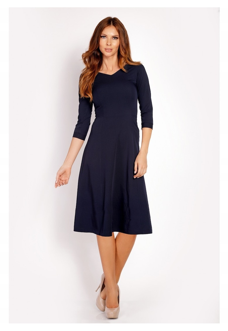 Rochie Dama - L014 - Trapez - Eleganta - Maneci 3/4 - Croiala Evazata - Lungime Mini - Tesatura Confortabila cu Vascoza si Elastan - Fason Clasic - Ideala Iesiri - Bleumarin - Albastru inchis