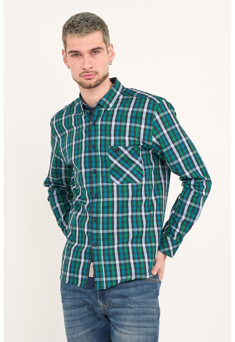 Camasa in carouri cu buzunar pe piept - Alb/Verde/Bleumarin