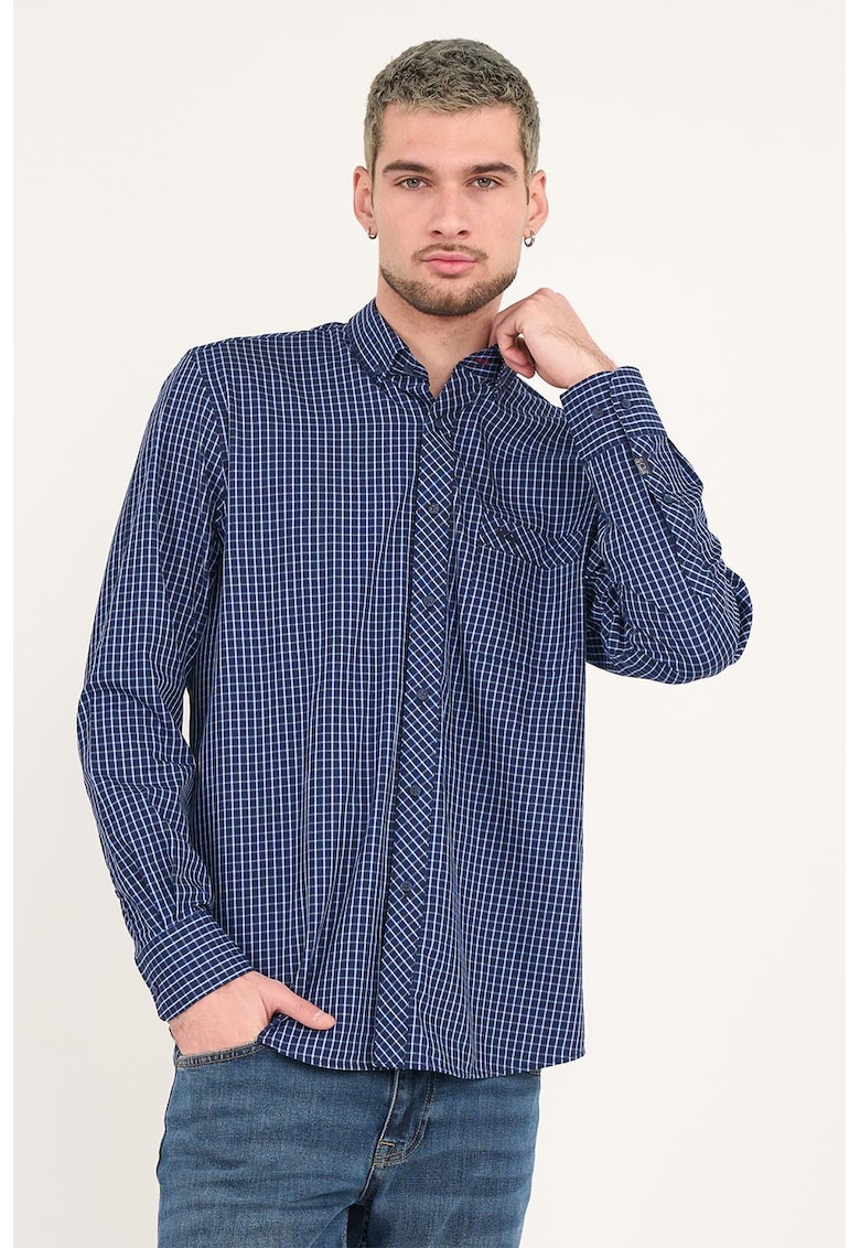 Camasa de bumbac in carouri cu buzunar - Alb/Albastru