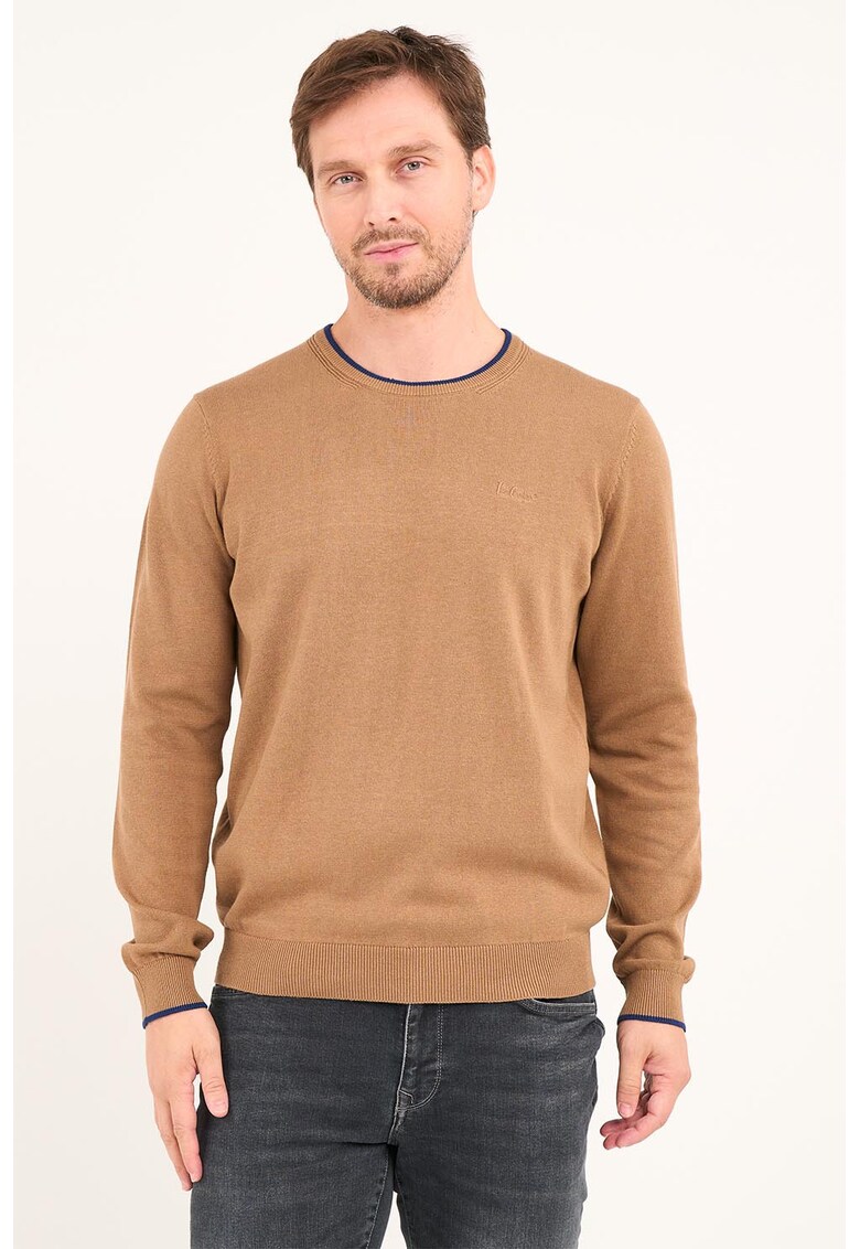 Pulover de bumbac cu decolteu la baza gatului - Maro camel