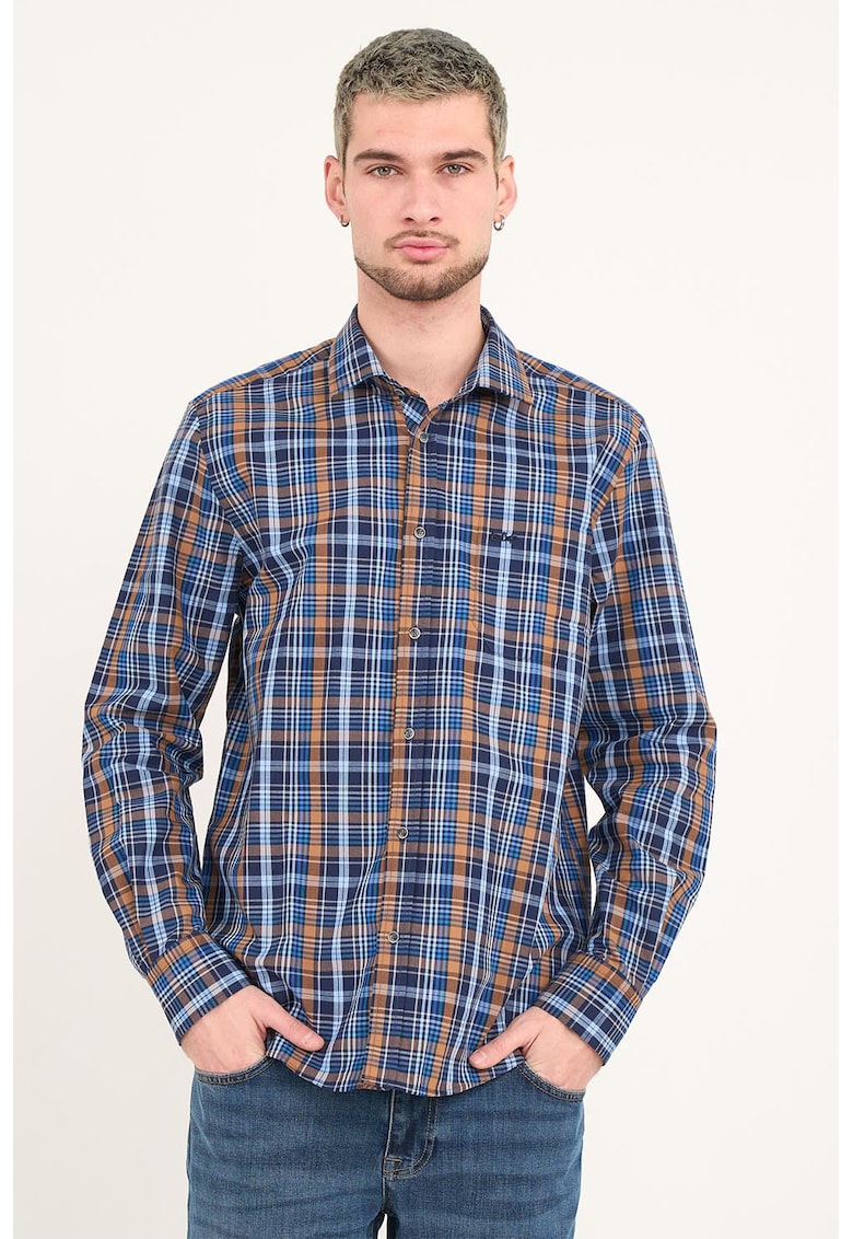 Camasa in carouri cu maneci lungi - Caramel/Albastru