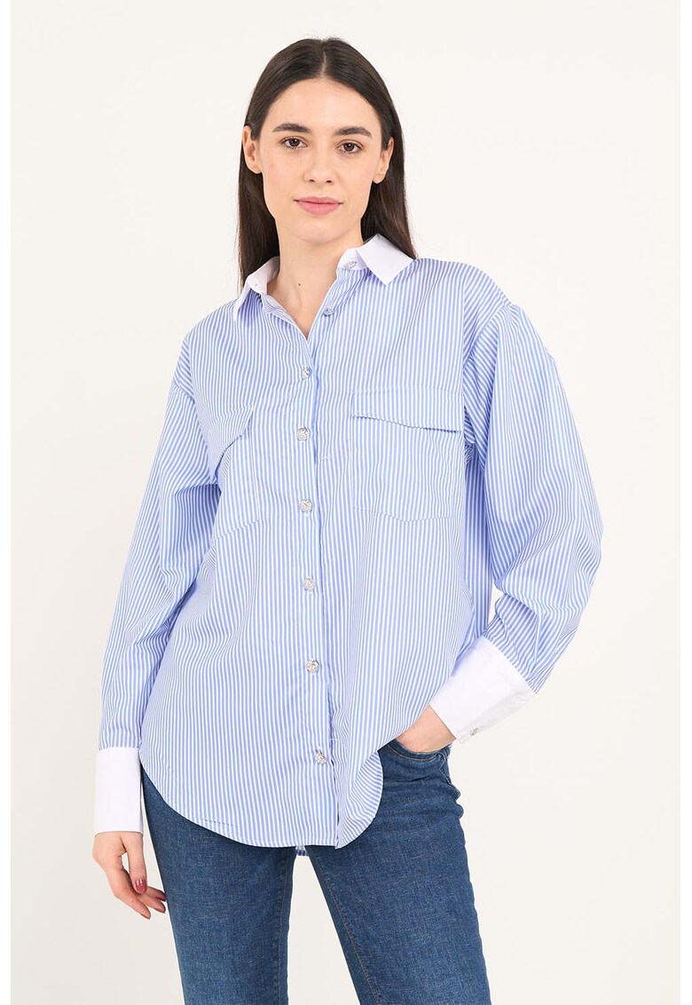Camasa lejera cu dungi si buzunare pe piept - Alb/Albastru azur