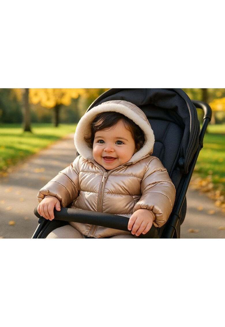 Geaca Puf pentru Fetite din Material Perla cu Captuseala Moale si Gluga