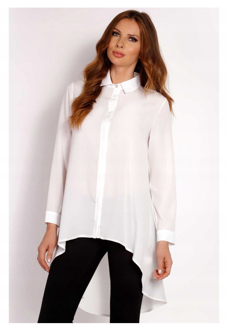 Camasa Dama - L001 - Asimetrica cu Guler - Spate Mai Lung - Croiala Clasica Eleganta - Ideala Birou si Intalniri Business - Tesatura Confortabila cu Elastan - Inchidere Nasturi - Alb - Alb