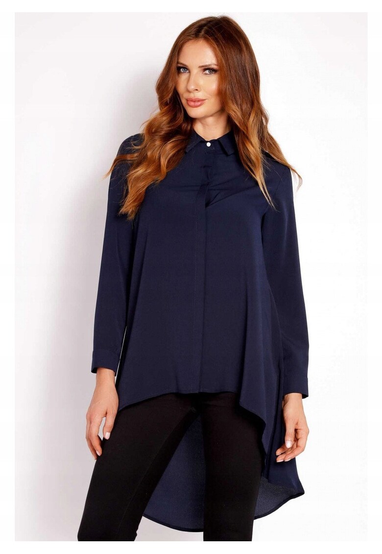 Camasa Dama - L001 - Asimetrica cu Guler - Spate Mai Lung - Croiala Clasica Eleganta - Ideala Birou si Intalniri Business - Tesatura Confortabila cu Elastan - Inchidere Nasturi - Albastru Inchis - Albastru inchis