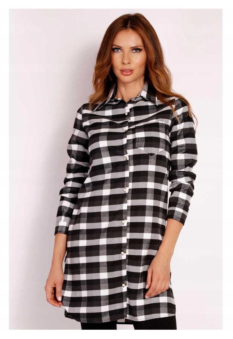 Camasa Dama - L002 - Lunga - Croiala Clasica Eleganta - Maneci 3/4 - Tesatura Confortabila Poliester cu Vascoza - Ideala Stil Casual - Moale la Atingere - Inchidere Nasturi - Negru/Alb - Negru I Alb