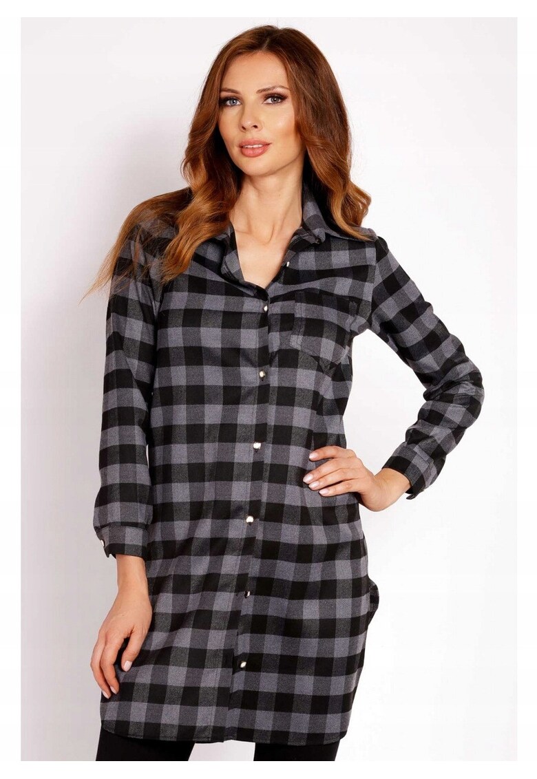 Camasa Dama - L002 - Lunga - Croiala Clasica Eleganta - Maneci 3/4 - Tesatura Confortabila Poliester cu Vascoza - Ideala Stil Casual - Moale la Atingere - Inchidere Nasturi - Gri - Gri antracit