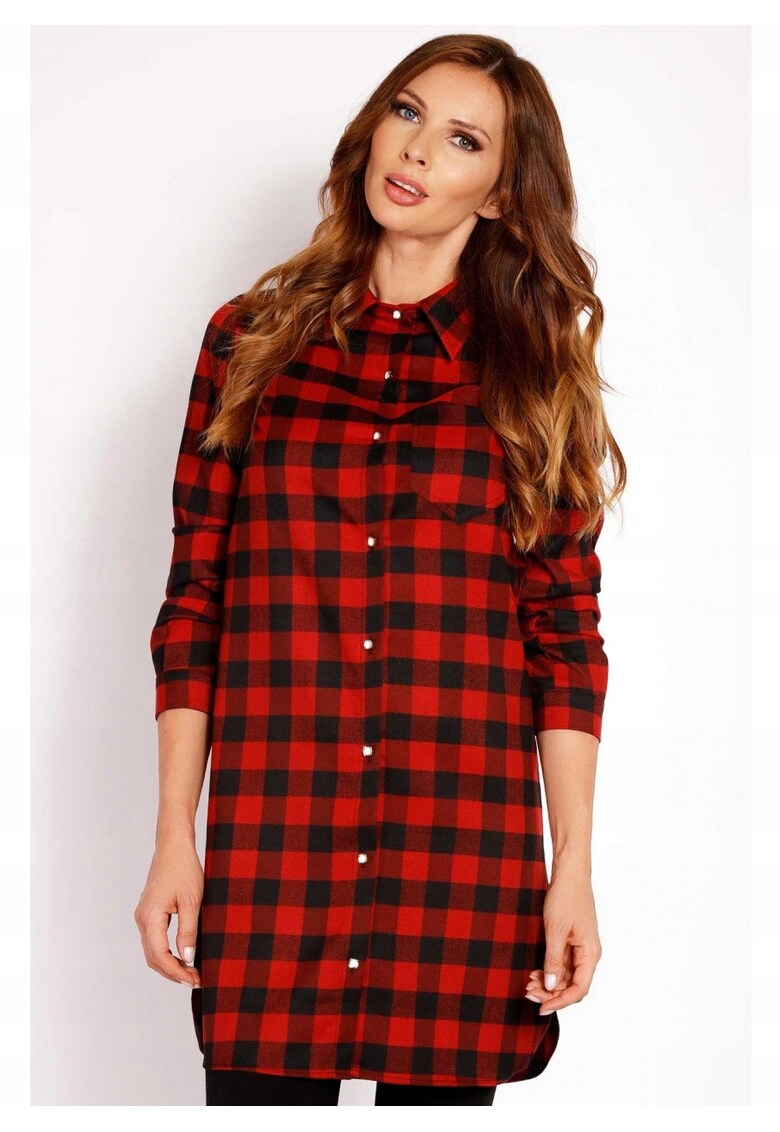 Camasa Dama - L002 - Lunga - Croiala Clasica Eleganta - Maneci 3/4 - Tesatura Confortabila Poliester cu Vascoza - Ideala Stil Casual - Moale la Atingere - Inchidere Nasturi - Rosu - Marime