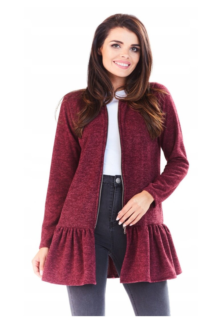 Pulover Dama - Lung - Inchidere cu Fermoar - Volan Elegant la Baza - Confectionat din Tricot Elastic - Modern si Confortabil - Ideal Zile Friguroase - Produs in Polonia - Rosu - Marime L/XL